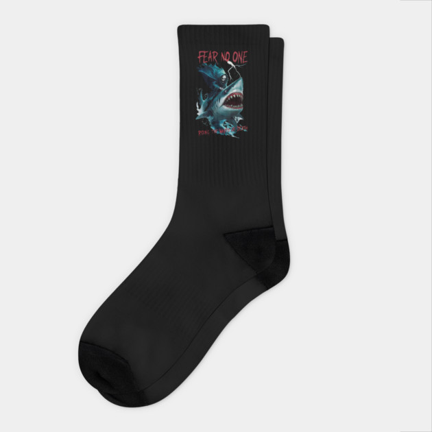 Fear No One Design: Grim Reaper Riding a Shark with Dark Ocean Waves Socks by Designed By Marty
