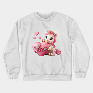 Unicorn with a Pink Mane and Tail, Golden Hooves, and a Golden Horn, Holding a Large Pink Heart with the Word “Love Crewneck Sweatshirt