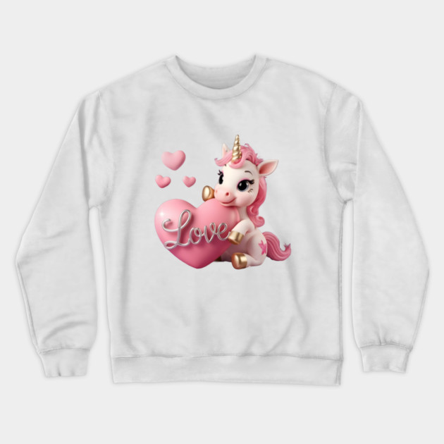 Unicorn with a Pink Mane and Tail, Golden Hooves, and a Golden Horn, Holding a Large Pink Heart with the Word “Love Crewneck Sweatshirt by animegirlnft