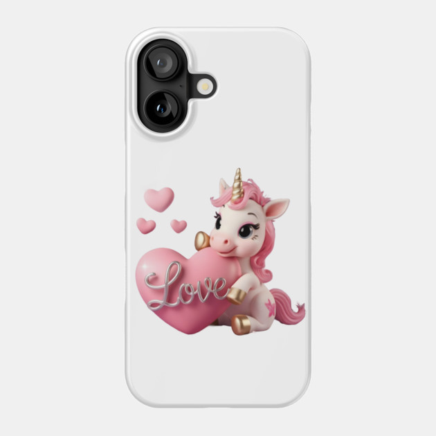 Unicorn with a Pink Mane and Tail, Golden Hooves, and a Golden Horn, Holding a Large Pink Heart with the Word “Love Phone Case by animegirlnft