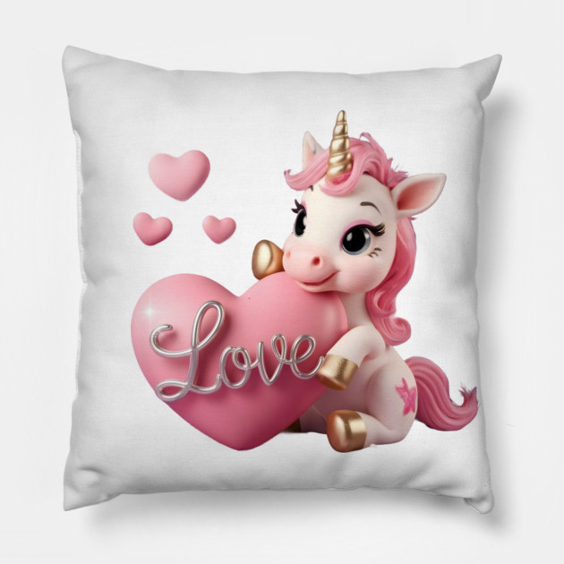 Unicorn with a Pink Mane and Tail, Golden Hooves, and a Golden Horn, Holding a Large Pink Heart with the Word “Love Pillow by animegirlnft