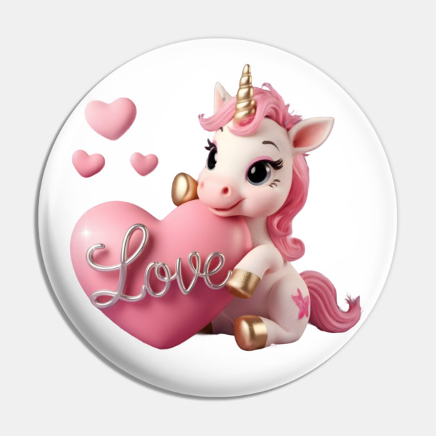 Unicorn with a Pink Mane and Tail, Golden Hooves, and a Golden Horn, Holding a Large Pink Heart with the Word “Love Pin by animegirlnft
