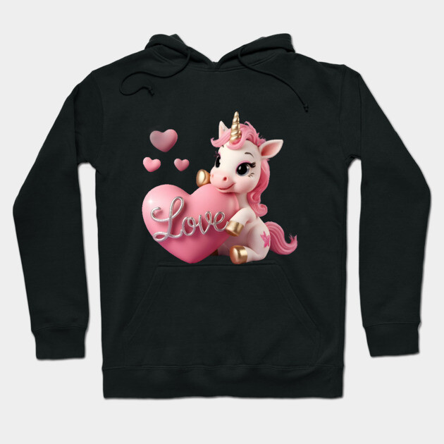 Unicorn with a Pink Mane and Tail, Golden Hooves, and a Golden Horn, Holding a Large Pink Heart with the Word “Love Hoodie by animegirlnft