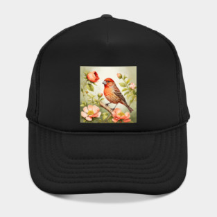 House Finch Bird Floral Painting Hat