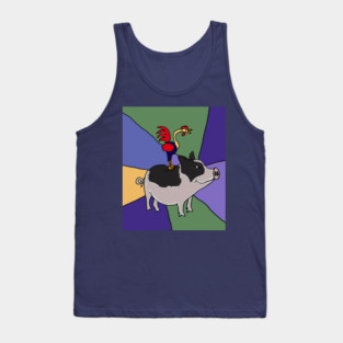 Funny Rooster on Pot-Bellied Pig Folk Art Tank Top