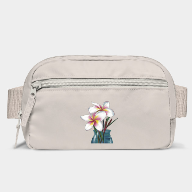 Small Bouquet of Plumeria Flowers with White Petals and Yellow and Pink Accents, Placed in a Blue Vase Against a Plain by animegirlnft