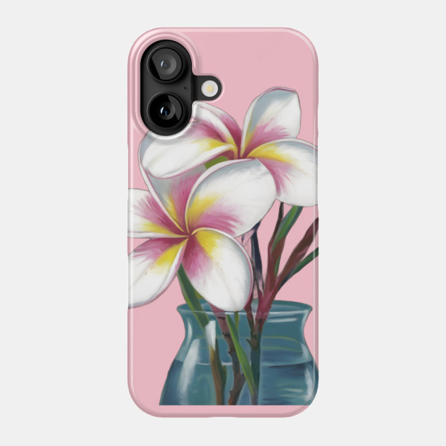 Small Bouquet of Plumeria Flowers with White Petals and Yellow and Pink Accents, Placed in a Blue Vase Against a Plain Phone Case by animegirlnft