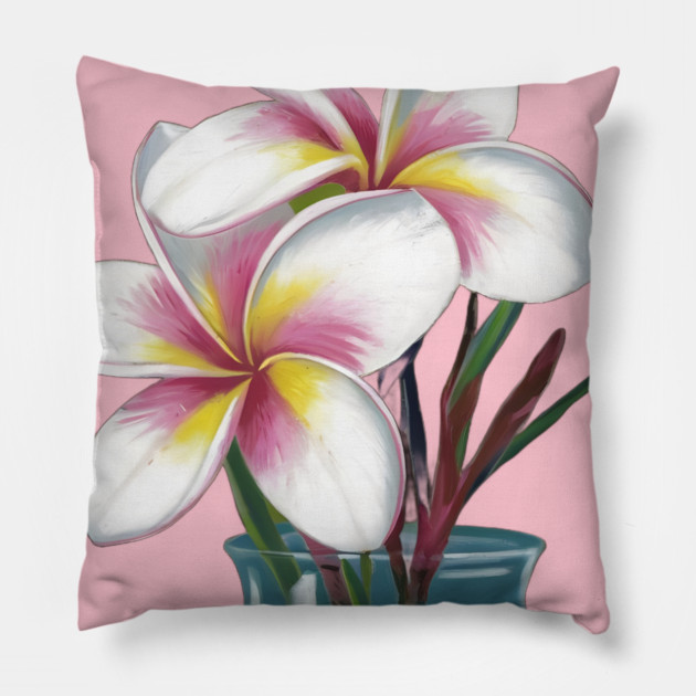 Small Bouquet of Plumeria Flowers with White Petals and Yellow and Pink Accents, Placed in a Blue Vase Against a Plain Pillow by animegirlnft