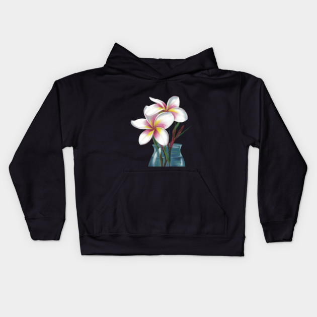 Small Bouquet of Plumeria Flowers with White Petals and Yellow and Pink Accents, Placed in a Blue Vase Against a Plain Kids Hoodie by animegirlnft