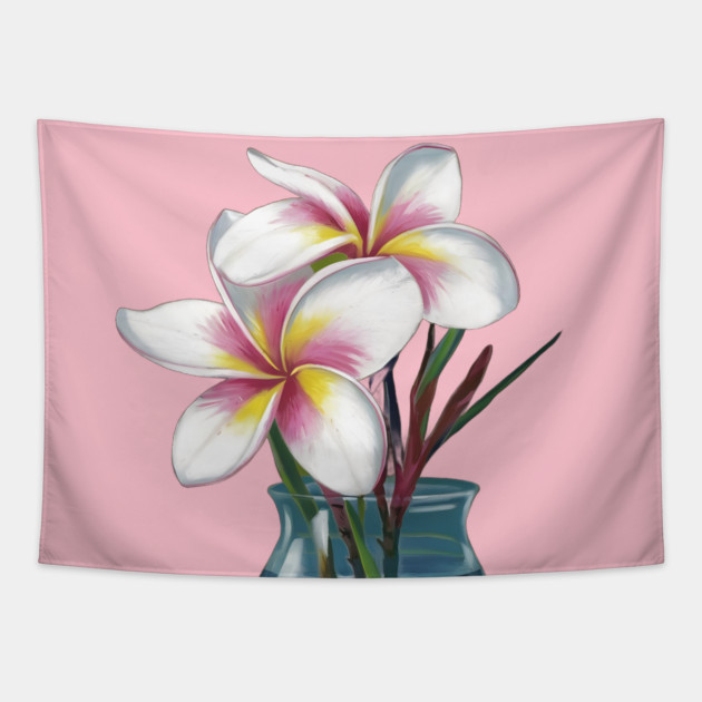 Small Bouquet of Plumeria Flowers with White Petals and Yellow and Pink Accents, Placed in a Blue Vase Against a Plain Tapestry by animegirlnft