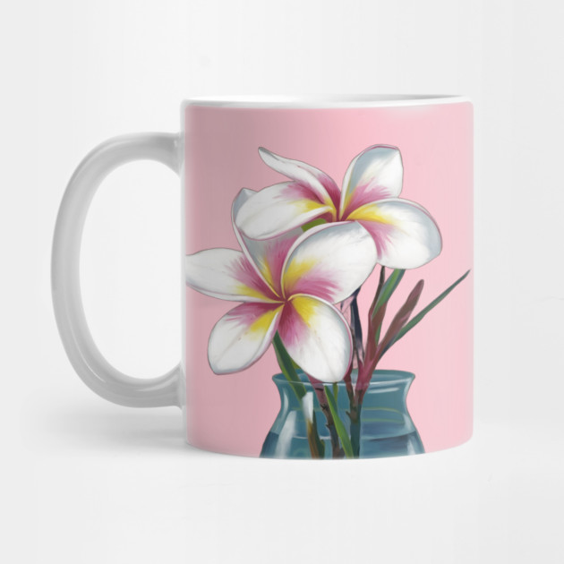 Small Bouquet of Plumeria Flowers with White Petals and Yellow and Pink Accents, Placed in a Blue Vase Against a Plain by animegirlnft