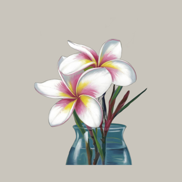 Small Bouquet of Plumeria Flowers with White Petals and Yellow and Pink Accents, Placed in a Blue Vase Against a Plain by animegirlnft