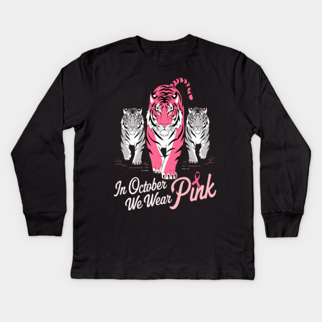 Tigers We Wear Pink October Breast Cancer Awareness Kids Long Sleeve T-Shirt by BirdsnStuff