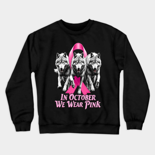 Pink Ribbon Wolves Breast Cancer Awareness Crewneck Sweatshirt by BirdsnStuff