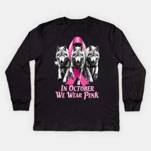 Pink Ribbon Wolves Breast Cancer Awareness Kids Long Sleeve T-Shirt