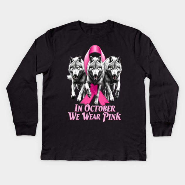 Pink Ribbon Wolves Breast Cancer Awareness Kids Long Sleeve T-Shirt by BirdsnStuff