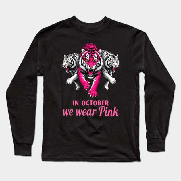 Pink Ribbon Tigers Breast Cancer Awareness Long Sleeve T-Shirt by BirdsnStuff