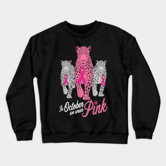 Leopard Pink Ribbon Breast Cancer Awareness Design Crewneck Sweatshirt by BirdsnStuff