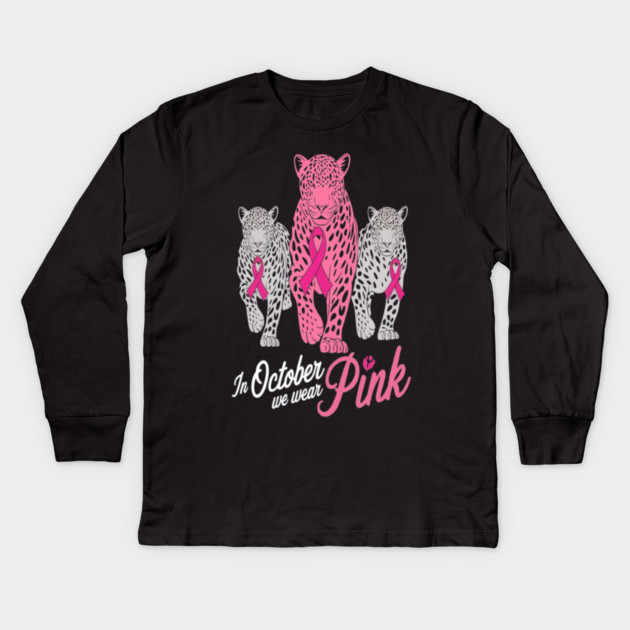 Leopard Pink Ribbon Breast Cancer Awareness Design Kids Long Sleeve T-Shirt by BirdsnStuff