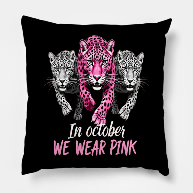 October Breast Cancer Awareness Leopard Cat Design Pillow by BirdsnStuff