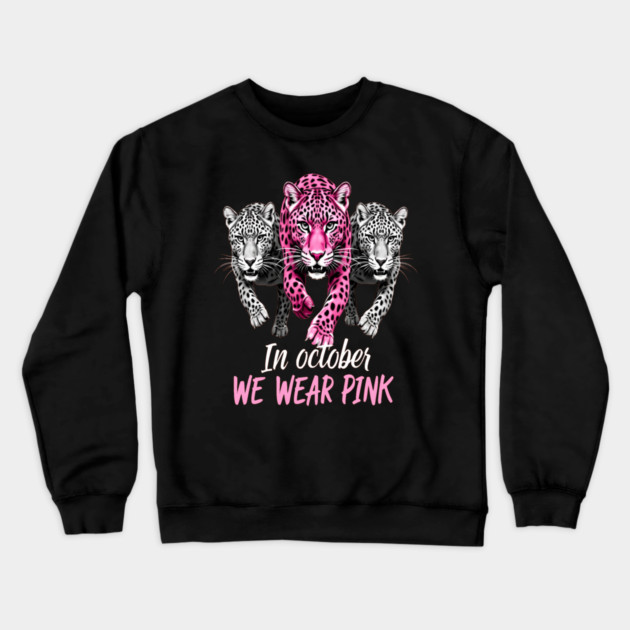 October Breast Cancer Awareness Leopard Cat Design Crewneck Sweatshirt by BirdsnStuff
