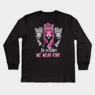 October Breast Cancer Awareness Leopard Cat Design Kids Long Sleeve T-Shirt