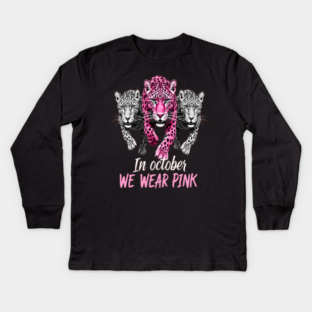 October Breast Cancer Awareness Leopard Cat Design Kids Long Sleeve T-Shirt by BirdsnStuff