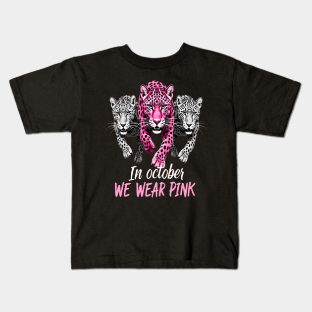 October Breast Cancer Awareness Leopard Cat Design Kids T-Shirt by BirdsnStuff