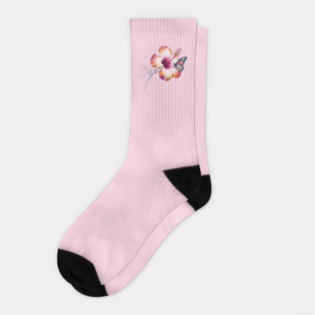 Flower with Shades of Orange, Pink, and White, Accompanied by a Detailed Butterfly Resting on One of the Petals Socks by animegirlnft