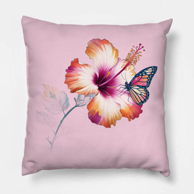 Flower with Shades of Orange, Pink, and White, Accompanied by a Detailed Butterfly Resting on One of the Petals Pillow by animegirlnft