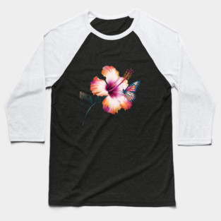 Flower with Shades of Orange, Pink, and White, Accompanied by a Detailed Butterfly Resting on One of the Petals Baseball T-Shirt