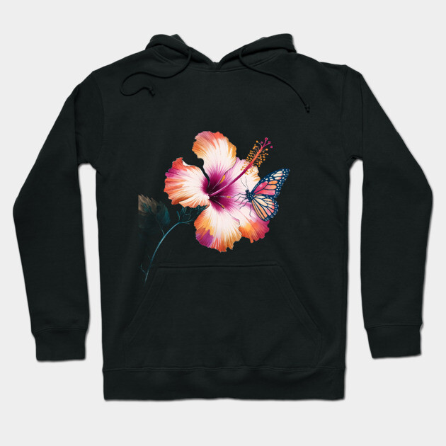 Flower with Shades of Orange, Pink, and White, Accompanied by a Detailed Butterfly Resting on One of the Petals Hoodie by animegirlnft