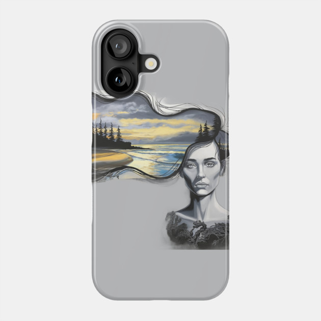 Grey Block and Hair Flowing Into Dark Clouds Above a Tranquil Scene Phone Case by animegirlnft