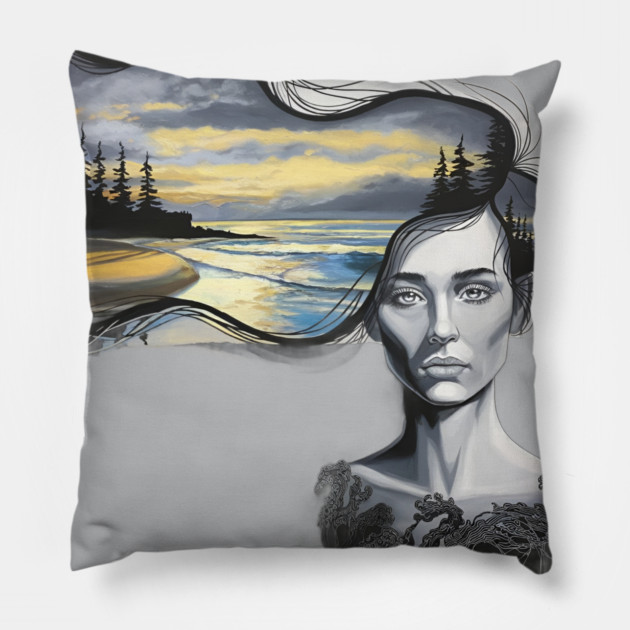 Grey Block and Hair Flowing Into Dark Clouds Above a Tranquil Scene Pillow by animegirlnft