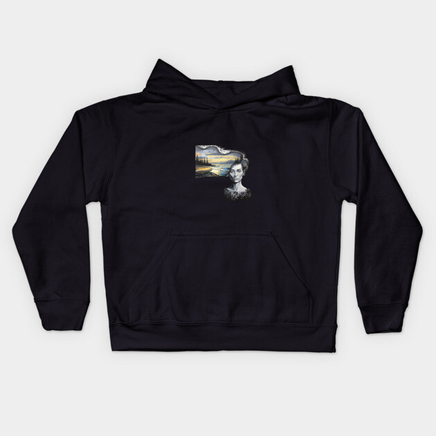 Grey Block and Hair Flowing Into Dark Clouds Above a Tranquil Scene Kids Hoodie by animegirlnft