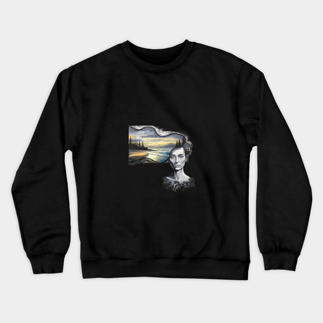 Grey Block and Hair Flowing Into Dark Clouds Above a Tranquil Scene Crewneck Sweatshirt by animegirlnft