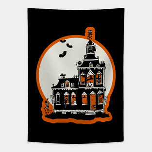 Vintage Style Haunted House - Happy Halloween Tapestry