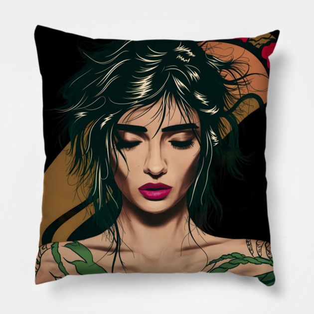 Black Hair and Tattoos Resembling Green Foliage on Their body, with Their Facial Features Obscured Pillow by animegirlnft