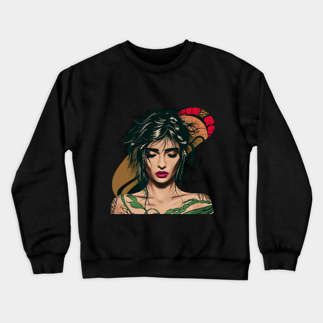 Black Hair and Tattoos Resembling Green Foliage on Their body, with Their Facial Features Obscured Crewneck Sweatshirt by animegirlnft