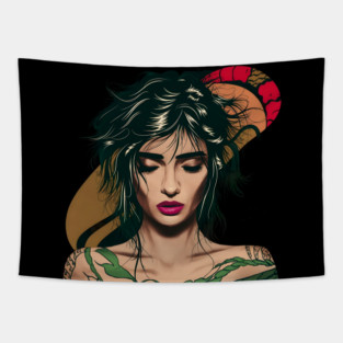 Black Hair and Tattoos Resembling Green Foliage on Their body, with Their Facial Features Obscured Tapestry