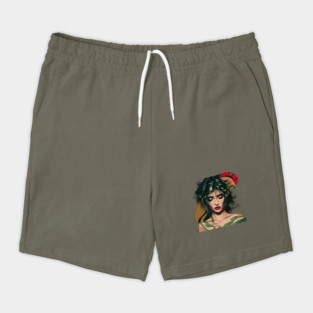 Black Hair and Tattoos Resembling Green Foliage on Their body, with Their Facial Features Obscured Shorts