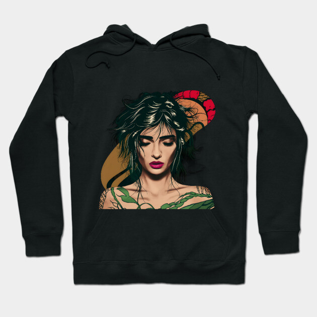 Black Hair and Tattoos Resembling Green Foliage on Their body, with Their Facial Features Obscured Hoodie by animegirlnft
