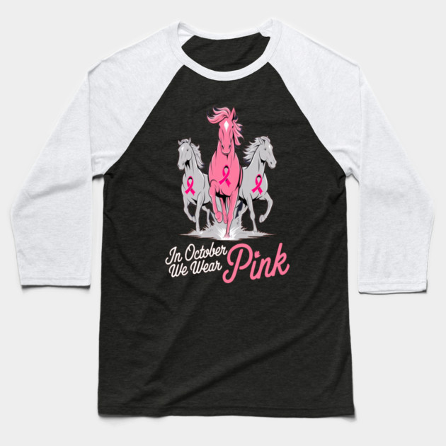 Pink Ribbon Horses Baseball T-Shirt by BirdsnStuff
