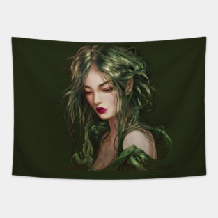 Beauty Girl Head with Long, Wavy Hair Blending Into Green Foliage Tapestry