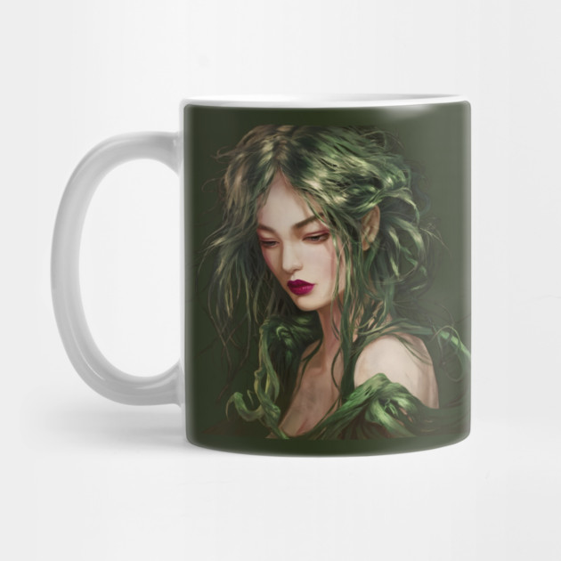 Beauty Girl Head with Long, Wavy Hair Blending Into Green Foliage by animegirlnft