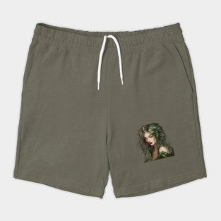 Beauty Girl Head with Long, Wavy Hair Blending Into Green Foliage Shorts