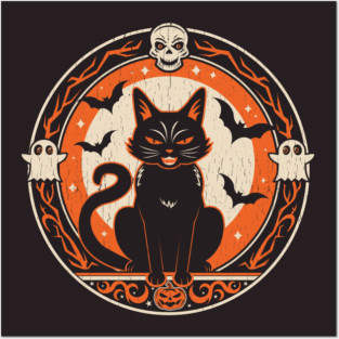 Vintage Halloween Black Cat Emblem Posters and Art