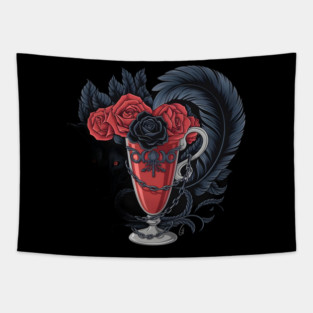 Red Cup Filled with Dark Red Roses, Adorned with an Ornate Design, and Surrounded by a Large Tapestry