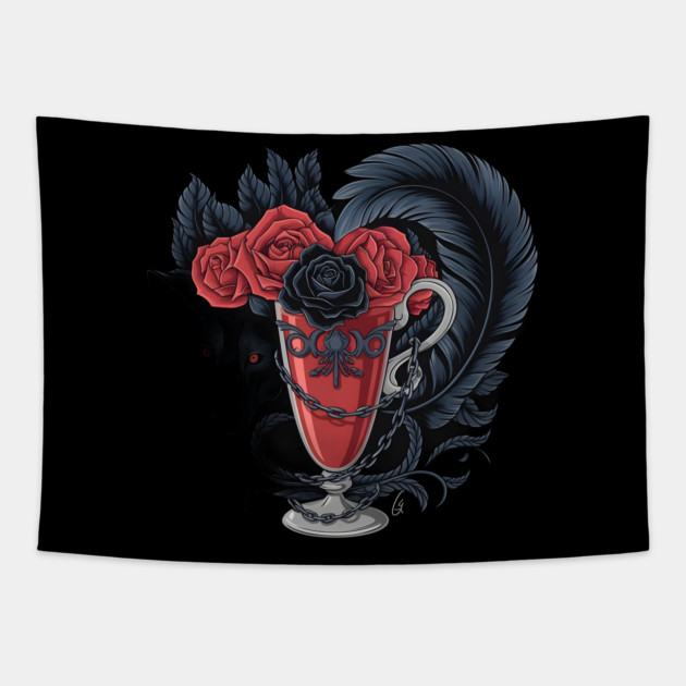 Red Cup Filled with Dark Red Roses, Adorned with an Ornate Design, and Surrounded by a Large Tapestry by animegirlnft