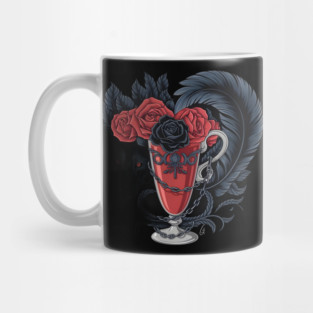 Red Cup Filled with Dark Red Roses, Adorned with an Ornate Design, and Surrounded by a Large Mug